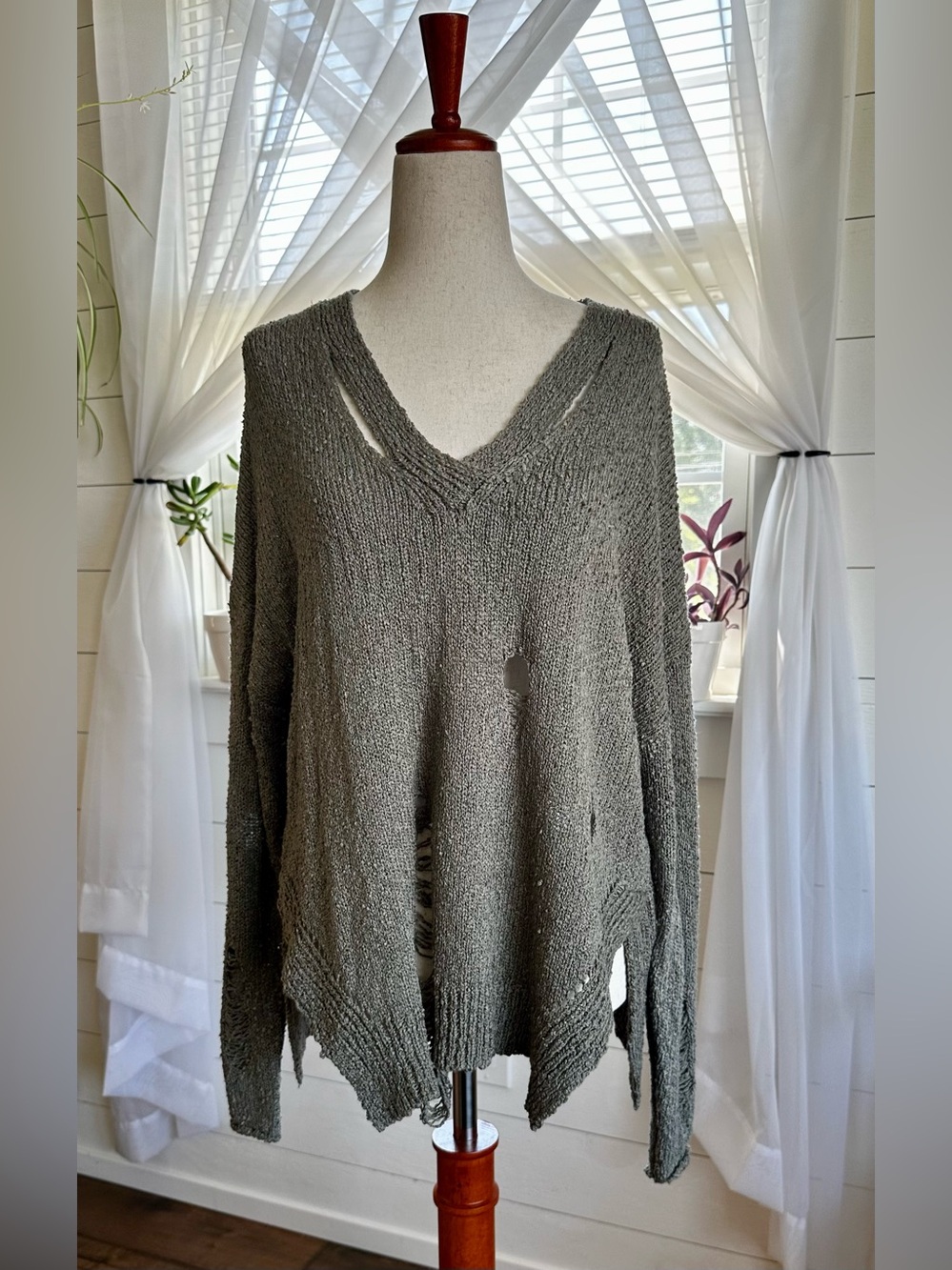 FATE Grunge Olive Shredded Pullover V-Neck Sweater distressed loose-knit NWT!